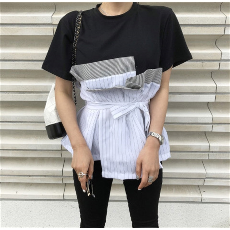 

Spring and Summer Korean Retro Style Patchwork High Street Sashes O-Neck Office Lady T Shirts 210615, Black