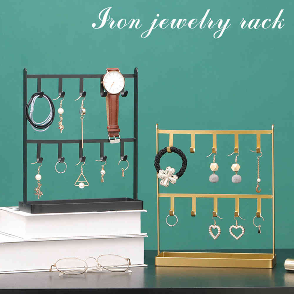 2-Layer Jewelry Storage Rack Earrings Necklace Holder Stand Jewelry Bracelet Display Jewelry Shelving Hook Rack Black Golden-image-690356260