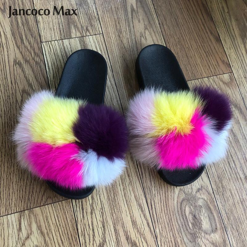 

Slippers Lady Fashion Style Fur Lovely Slides Natural Multicolor Flip Flop Sandals S6049, Black