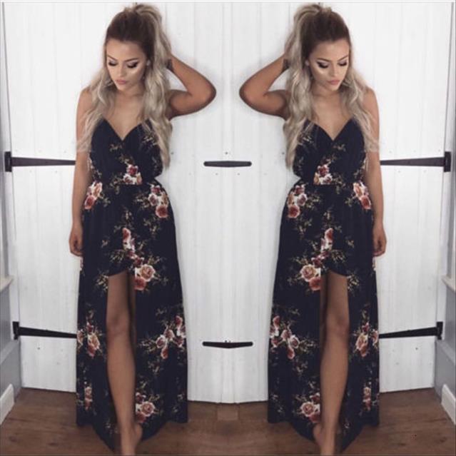 

summer boho chiffon party evening women jumpsuit beach long maxi sleevelss v neck, Black;white