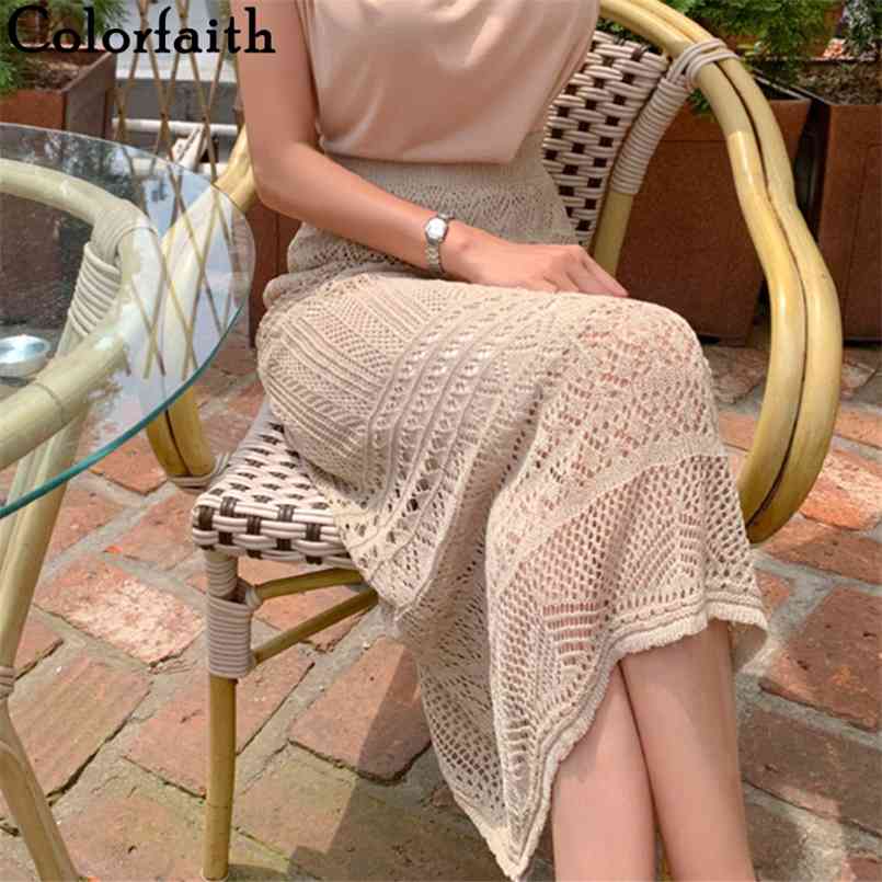 

Colorfaith Women's Skirts Spring Summer Vintage Trumpet Cutout High Waist Package Hip Wild Knitting Long SK3280 210708, Black