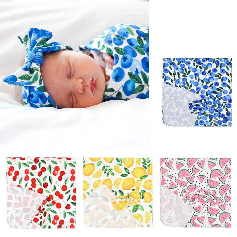 

Blankets & Swaddling 2 Pcs/Set Born Baby Receiving Blanket Headband Set Infant Fruit Printed Wrap, As pic