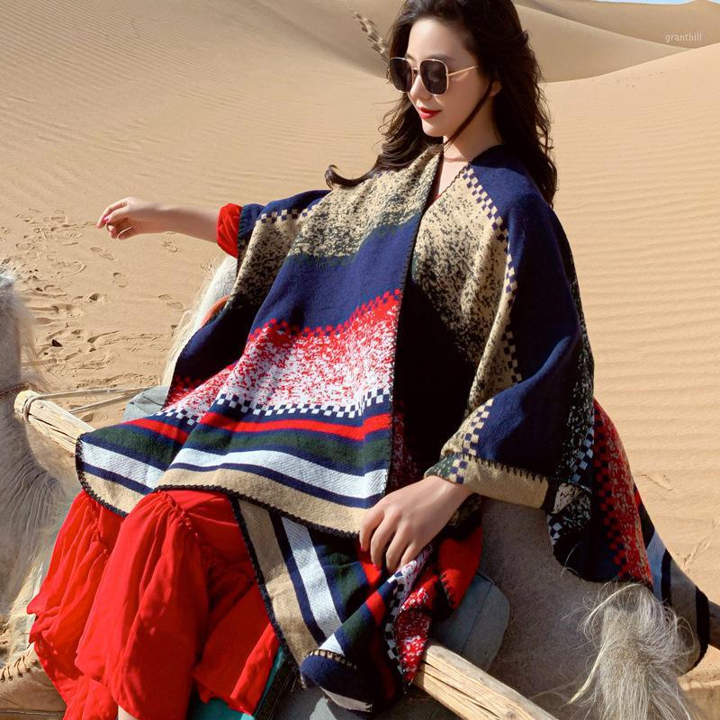 

Scarves Royalmaybe Knitted Travel Po Cloak Big Shawl Female Autumn And Winter Wear Sunscreen Hooded Scarf, Blue;gray