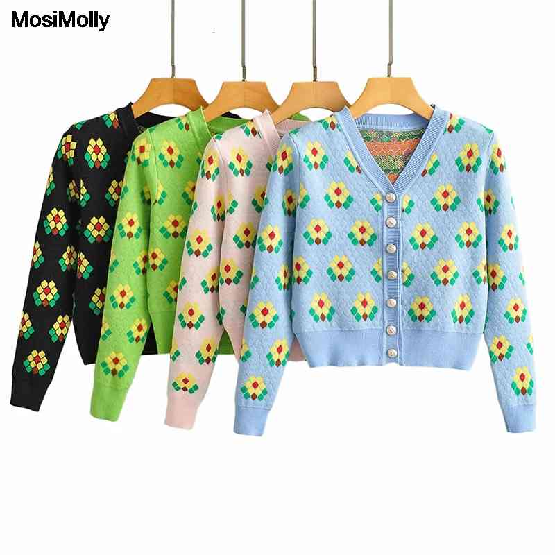 

Women's Sweaters MosiMolly chic flower jacquard sweater cardigan women pretty style loungewear knits GWU2, Black