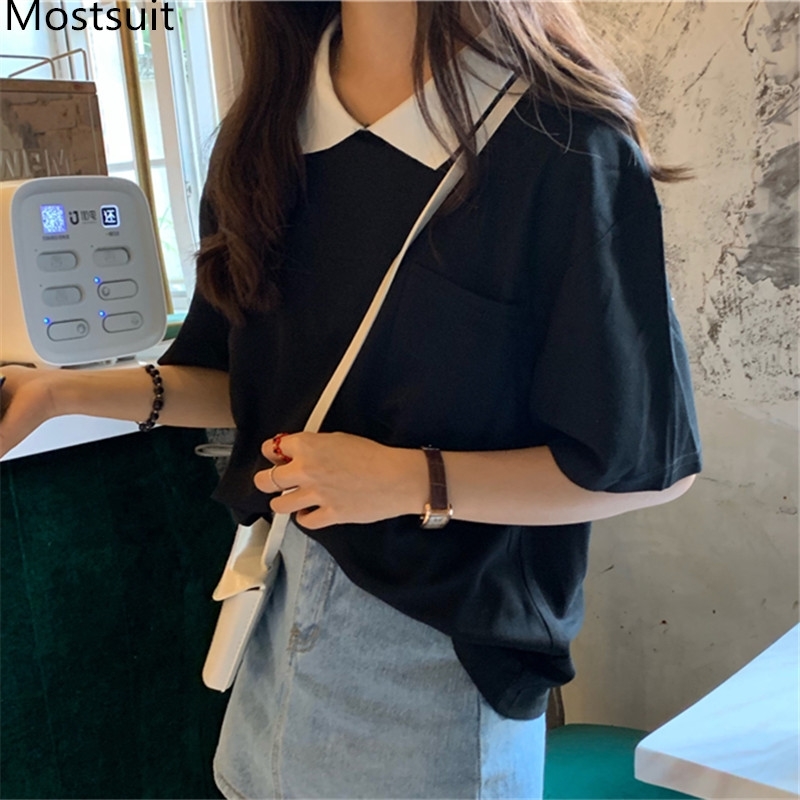 

Summer Korean Casual Vintage Tshirts Tops Women Short Sleeve Turn-down Collar Pocket Tees Solid Loose Basic Fashion T-shirt 210518, Red