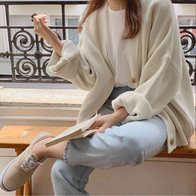 

women's knits & tees new autumn winter fashion sweaters v-neck buttons knitted cardigans female fall loose korean lady knitwears s, White