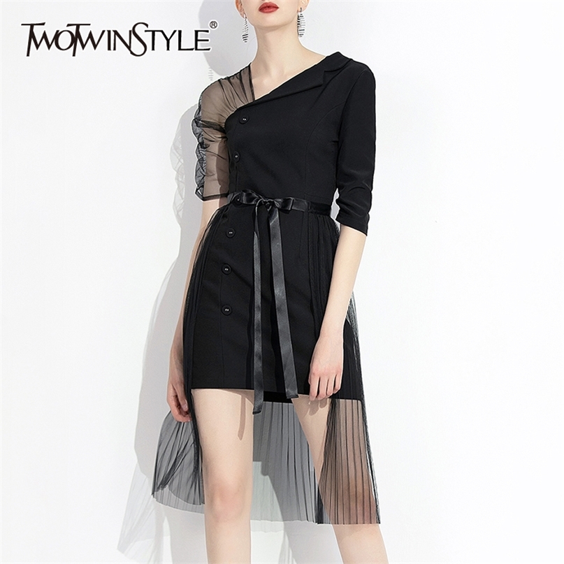 

Patchwork Mesh Dress For Women Asymmetrical Collar High Waist Lace Up Dresses Female Summer Oversized Fashion 210520, Black