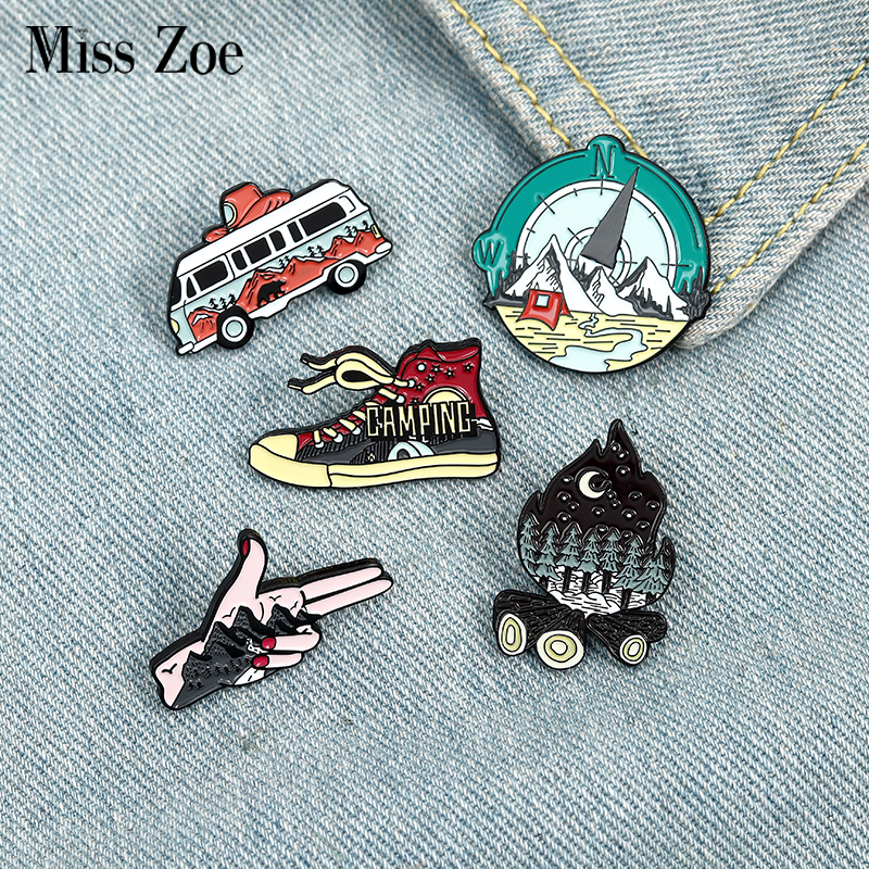 

camping life enamel pin outdoor compass canvas shoe bonfire tent motorhome brooches bag lapel pin badge jewelry gift for friendsdio chan con, Gray