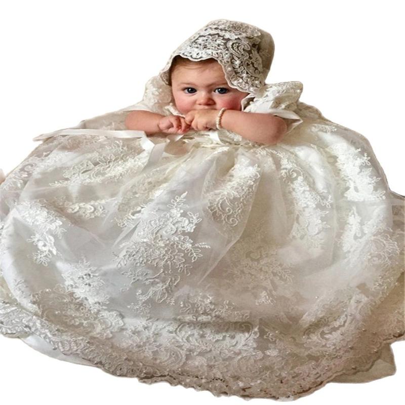 

Girl's Dresses Ivory White Long Christening Gown For Baby Girls Lace Pearls Short Sleeve Baptism Dress With Bonnet, Red;yellow