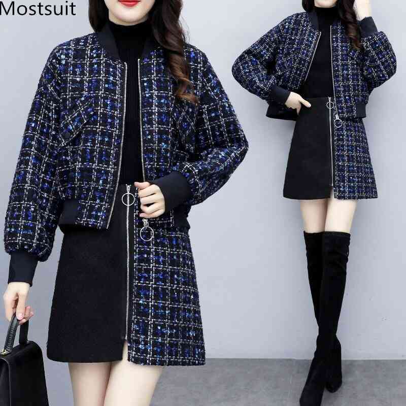 

Autumn Winter Elegant Runway Tweed Two Piece Set Women Plus Size Long Sleeve Coat Zipper Cardigan And Mini Skirt Suit Outfit 210518, Black suit