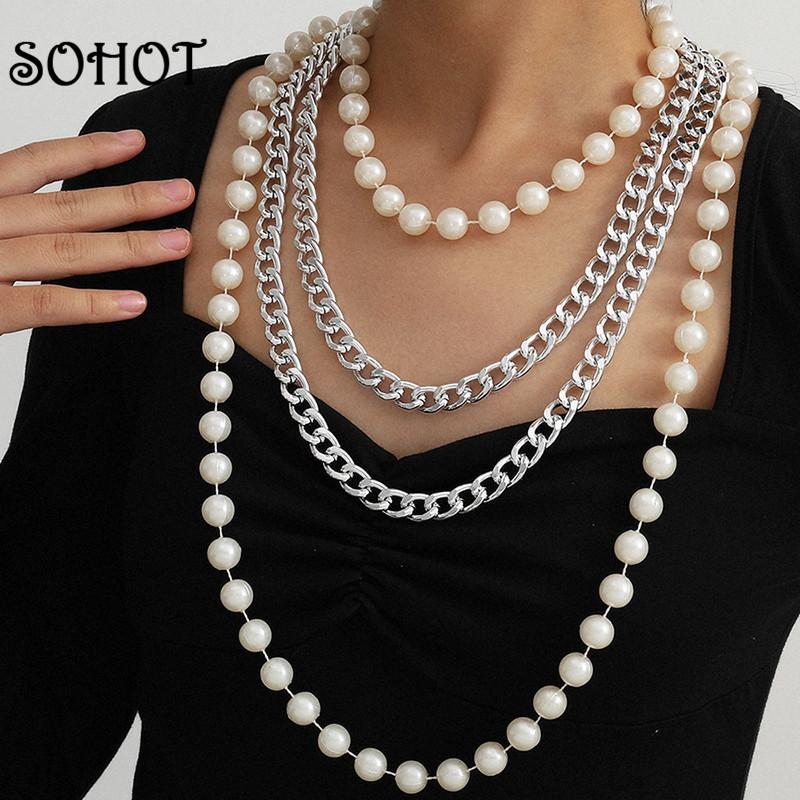 

Pendant Necklaces SO European Hyperbole Multilayer Imitation Pearl Round Bead Alloy Chain Women Necklace For Female Punk Party Jewelry