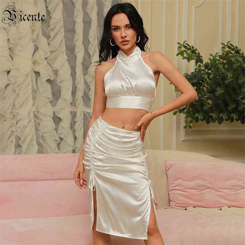 

Women's Skirt Suit Two-piece Celebrity Party Draped Design Lace-up White Satin 210520