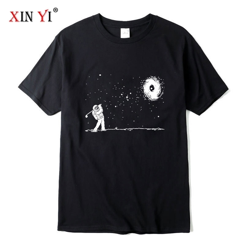

XIN YI Men's High Quality 100% cotton Funny astronaut print t shirt loose o-neck men tshirt short sleeve t-shirt male tee tops 210706, Black