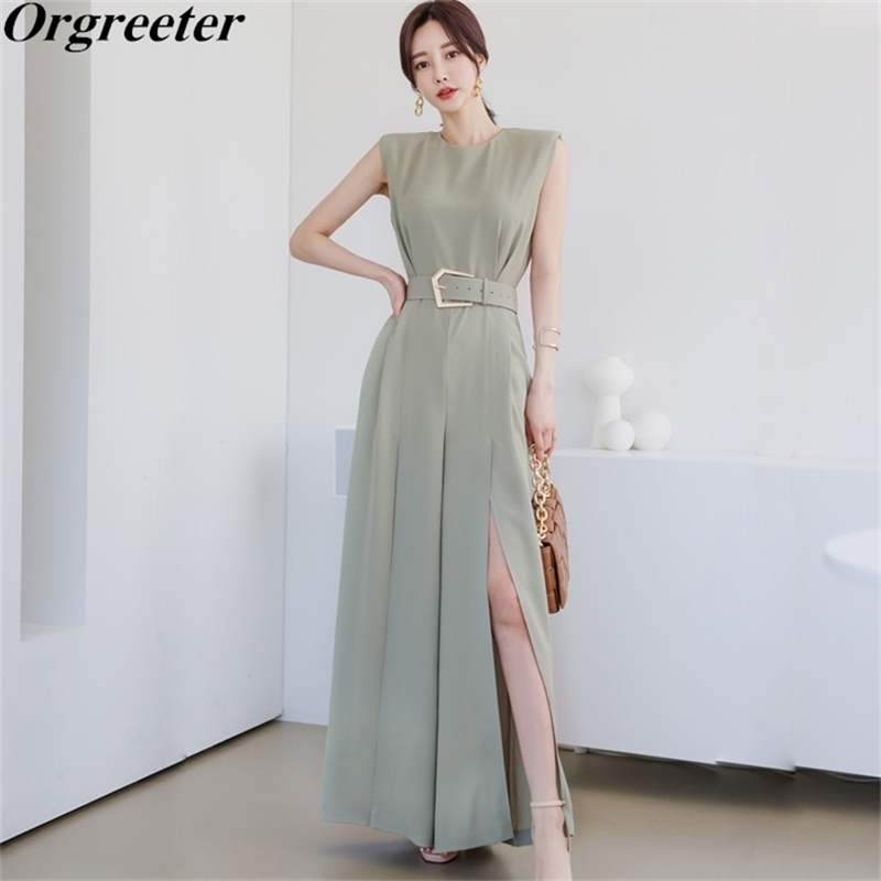 

Green Elegant Office lady Solid Sleeveless Rompers Summer Temperament High waist Split Wide leg Jumpsuit for Women With Belt 210602, Picture color 1