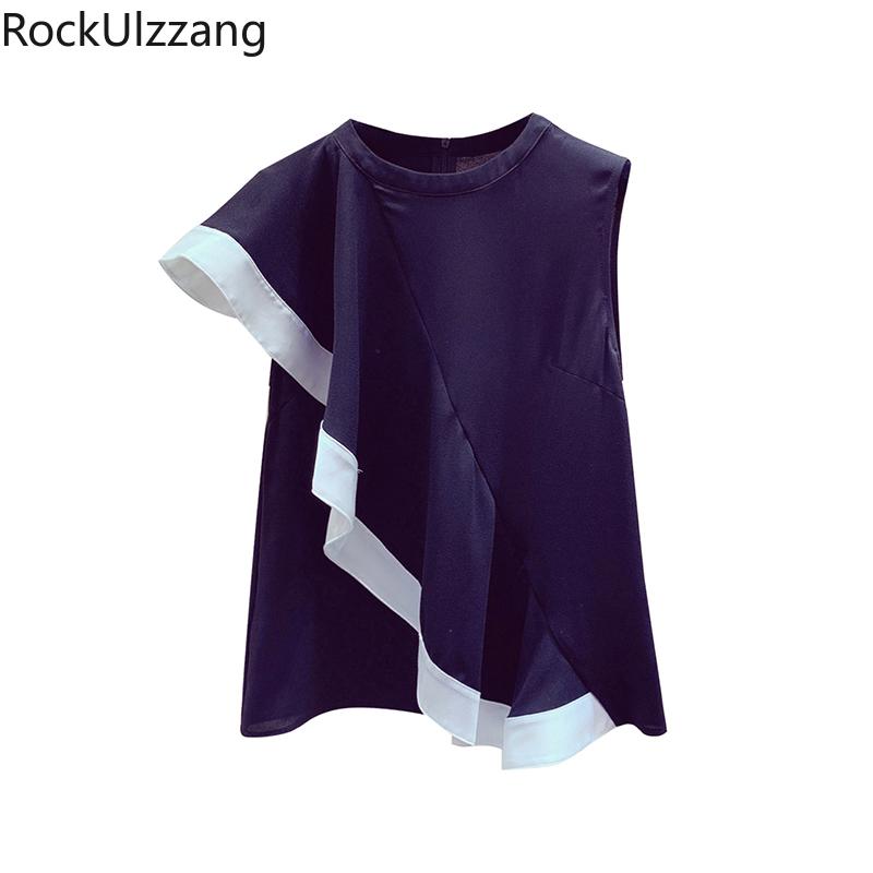 

Women's Blouses & Shirts Sleeveless Patchwork Ruffle Contrast White Black Loose Chiffon Shirt Women Fashion Summer Plus Size Blouse Blusas O