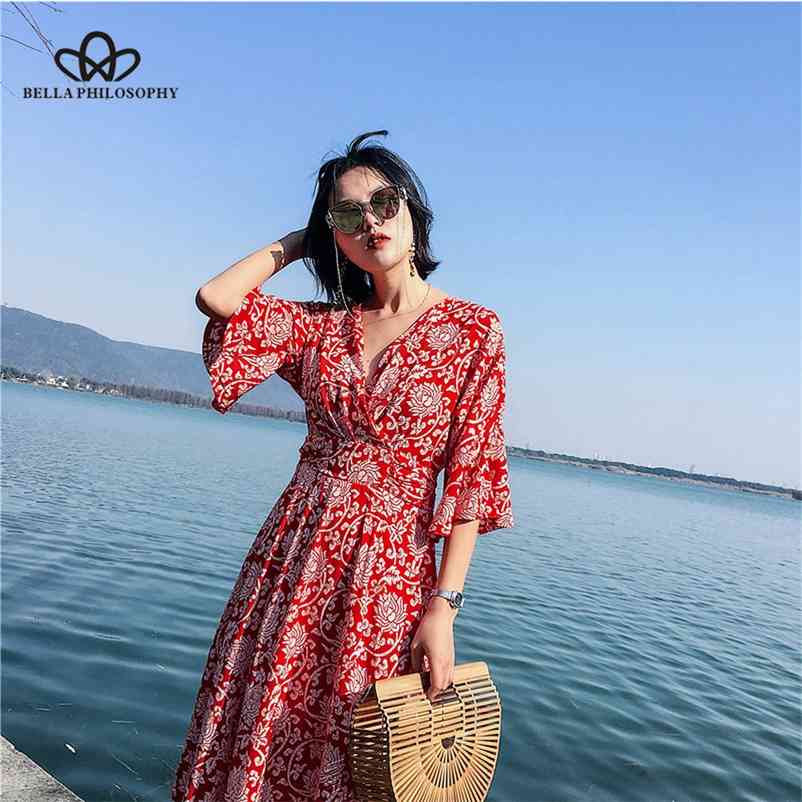 

Fashion Retro Print Sexy Dew Back V-Neck Dress Women's Thin Beach High Waist 210519, Red