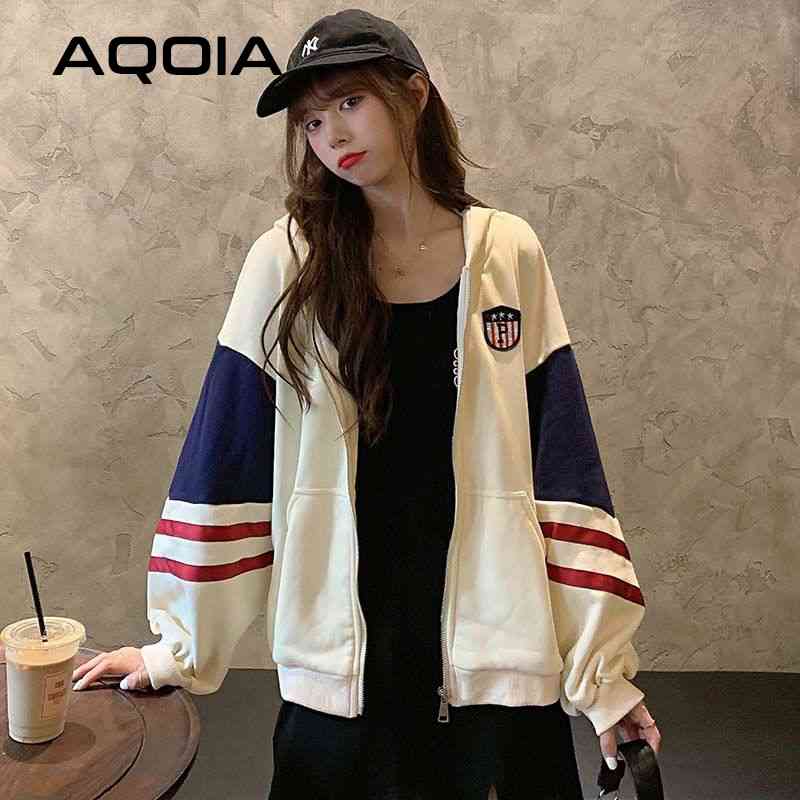 

Autumn Korean Style Patchwork Zip Up Women Hoodies Casual Loose Oversize Womens Sweatshirt Winter Fashion Female Coat 210521, Sku