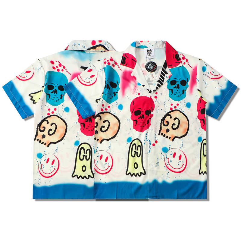 

Europe Spring Summer Men Hawaii Beach Short Sleeve Casual Shirt Cool Hip hop Skull Smile Face Designer Tee, White;black