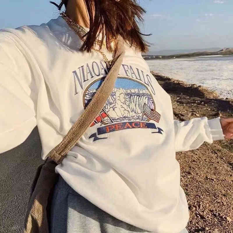 

women's hoodies & sweatshirts overshoot girls in soft cotton wool spring fashion waterfall ladies embroidered pullovers streetwear chic, Black