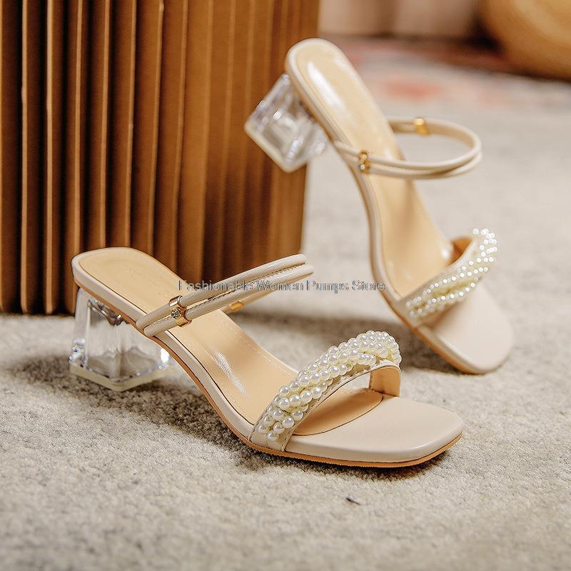 

Slippers Women's 2021 Summer Beaded Crystal Slip On Transparent High Heels Elegant Woman Slides Band Outdoor Sandals Casual, Apricot
