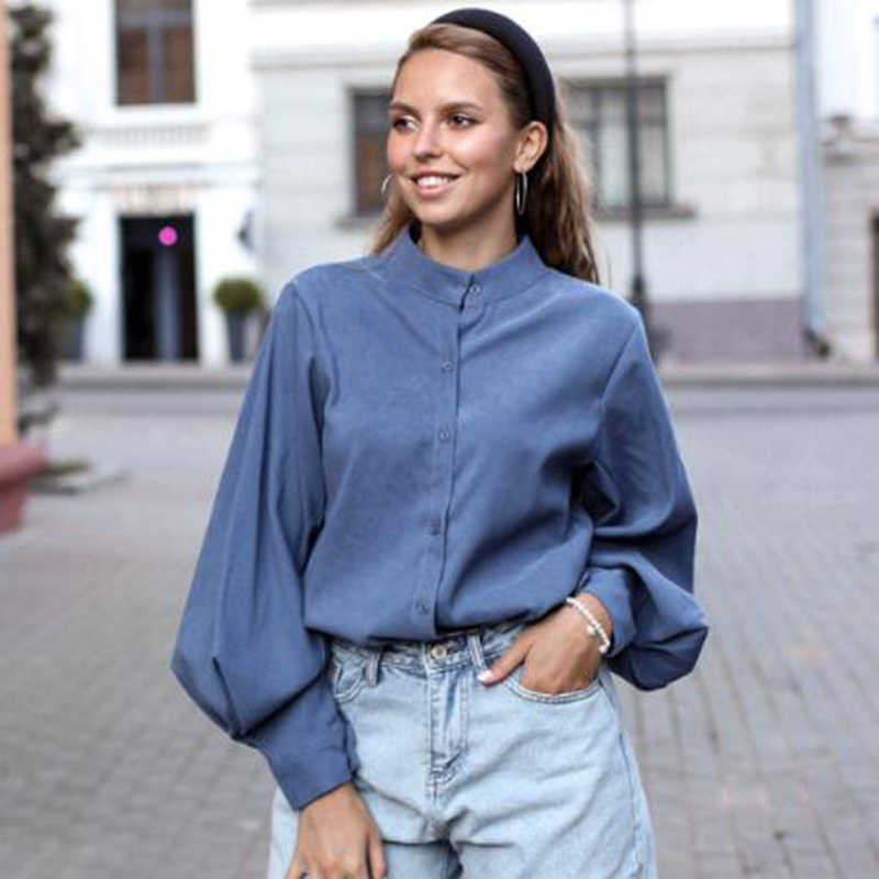 

Autumn Korea Fashion Women Lantern Sleeve Loose Shirts All-matched Casual Stand Collar Blouse Tops Female Blusas S207 210608, Blue