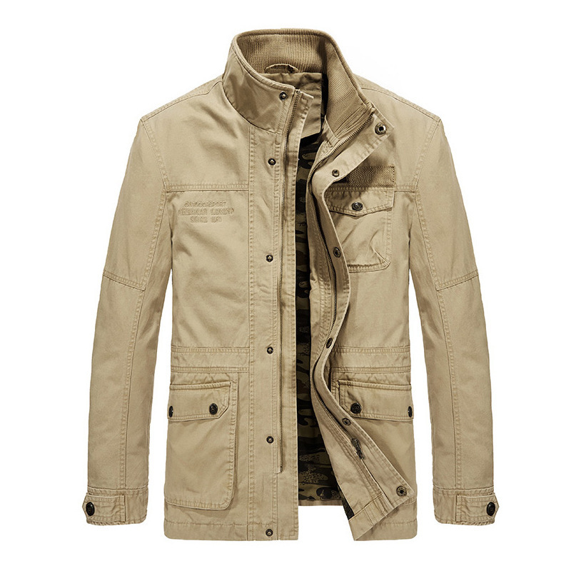 

Cotton Stand-collar Jacket Large Size Loose Multi-pocket Washed Mid-length Men Jacket Jacket, Black;brown