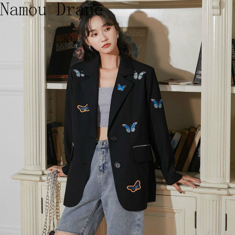 

Butterfly Embroidery Black Blazer Women Autumn Coats And Jackets Ladies Korean Suit Jacket Clothes 210429, Beige