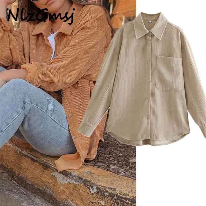 

Blouse Spring and Autumn Women's Casual Solid Color Lapel Long Sleeve Pocket Decorative Corduroy Shirt 210628, As picture