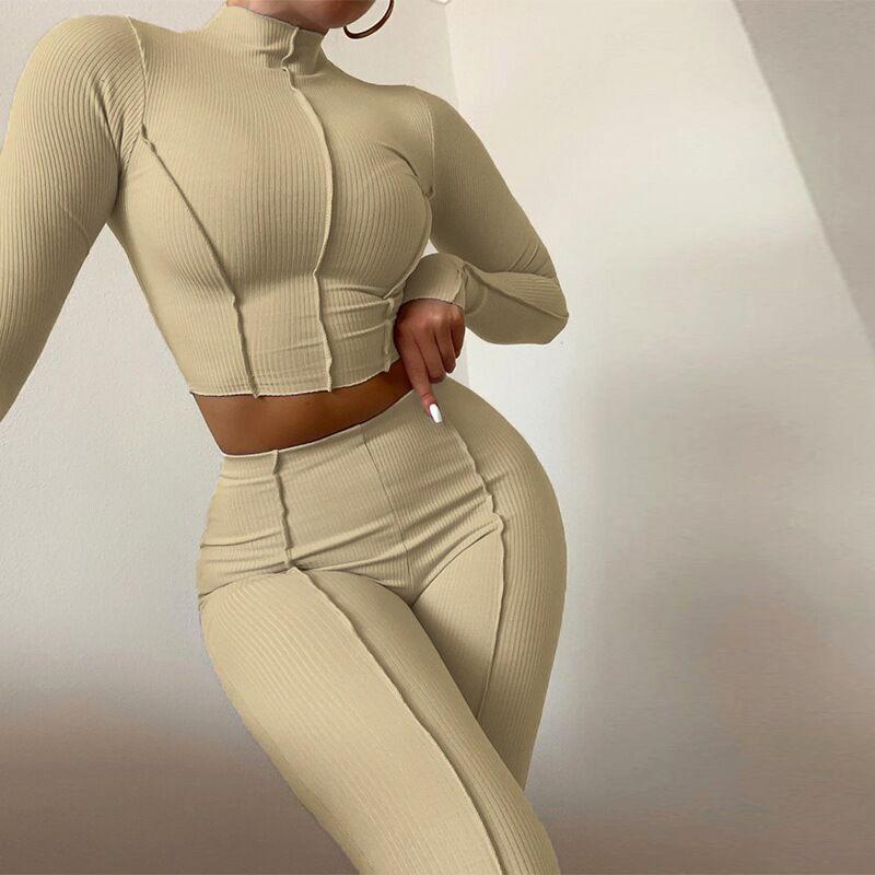 

Women's Two Piece Pants Heliar Casual Women Autumn 2021 Long Sleeve High Waist Slim Gym Ribbed Slimming Solid Long-sleeve All-match Crop Top, White