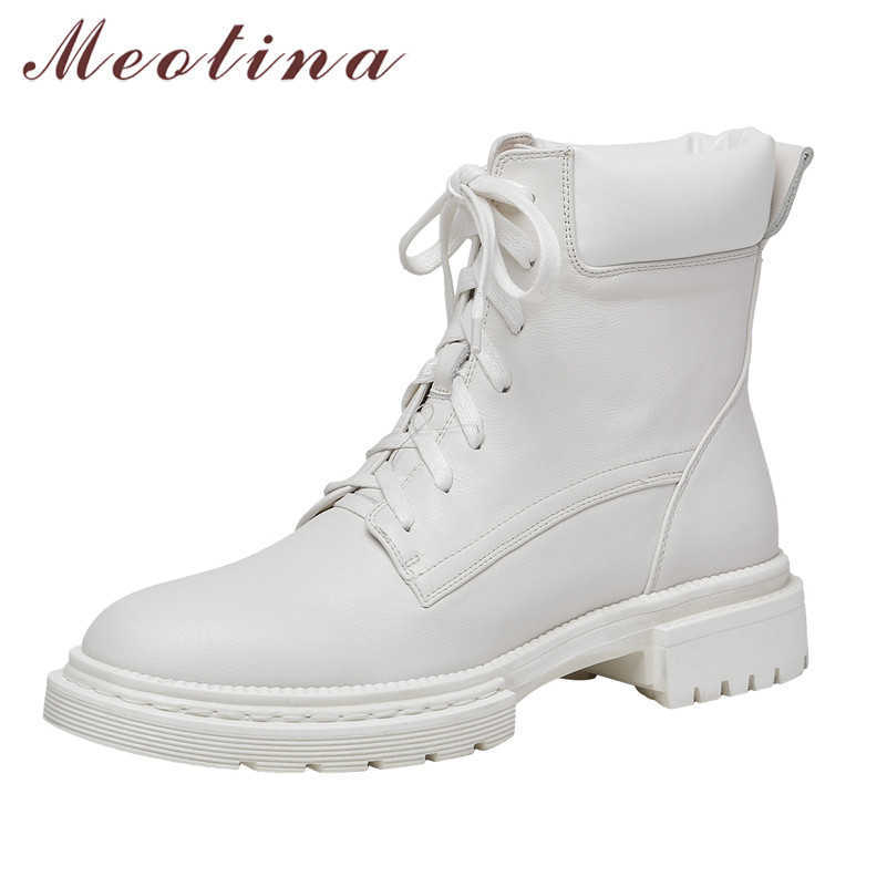 

Meotina Motorcycle Boots Women Shoes Real Leather Platform Mid Heel Ankle Boots Lace Up Thick Heels Short Boots Ladies Autumn 210608, Black