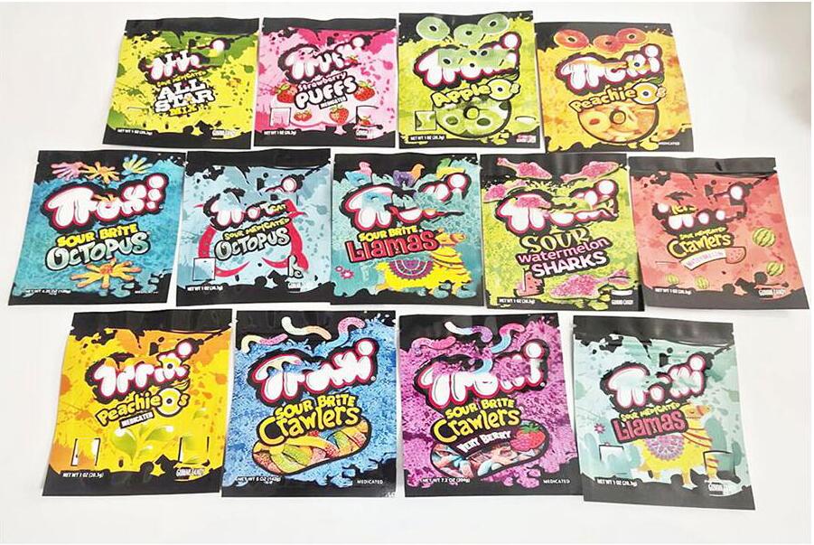 

12 types Trolli packaging bag 600mg Trrlli sour mylar bags All Star mix peachie apple blamas Edibles watermelon sharks gummi candy