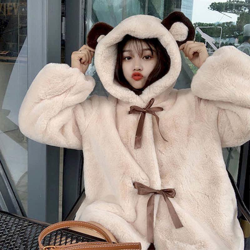 

Women's Fur & Faux Womens Clothing Lady Tops Plush Hooded Mid-length Korean Style Loose Winter Coat Girl Student Cute Bear Ear, Black