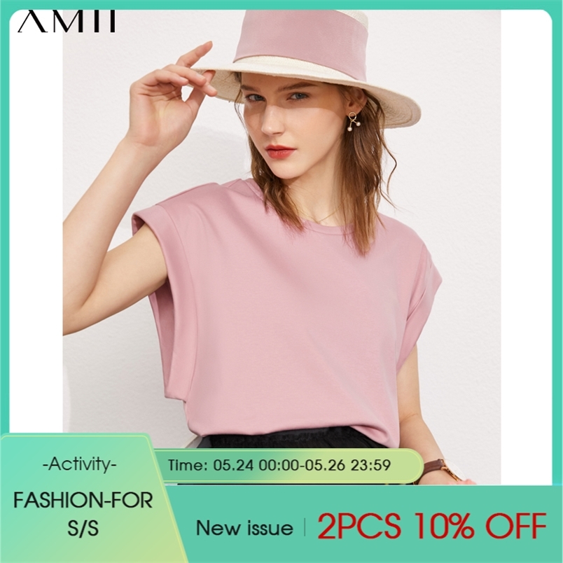 

Minimalism Summer Women's Tshirt Fashion Solid 100%cotton Oneck Loose Tops Streetwear For Women 12140643 210527, Beige