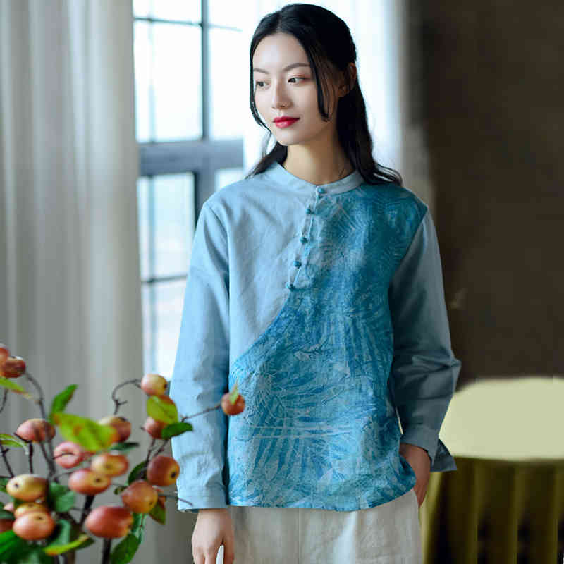 

Johnature Women Vintage Cotton Linen Shirts Tops Patchwork Color Button Stand Long Sleeve Blouses Spring Chinese Shirts 210521, Purple