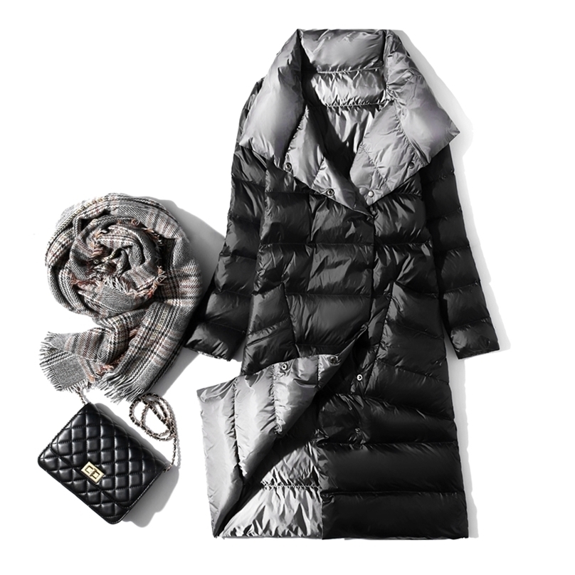 

Fashion Winter Ultra Light Duck Down Jacket V Neck Double-sided Medium Long Coat Ladies Plus Size Parkas Mujer 210525