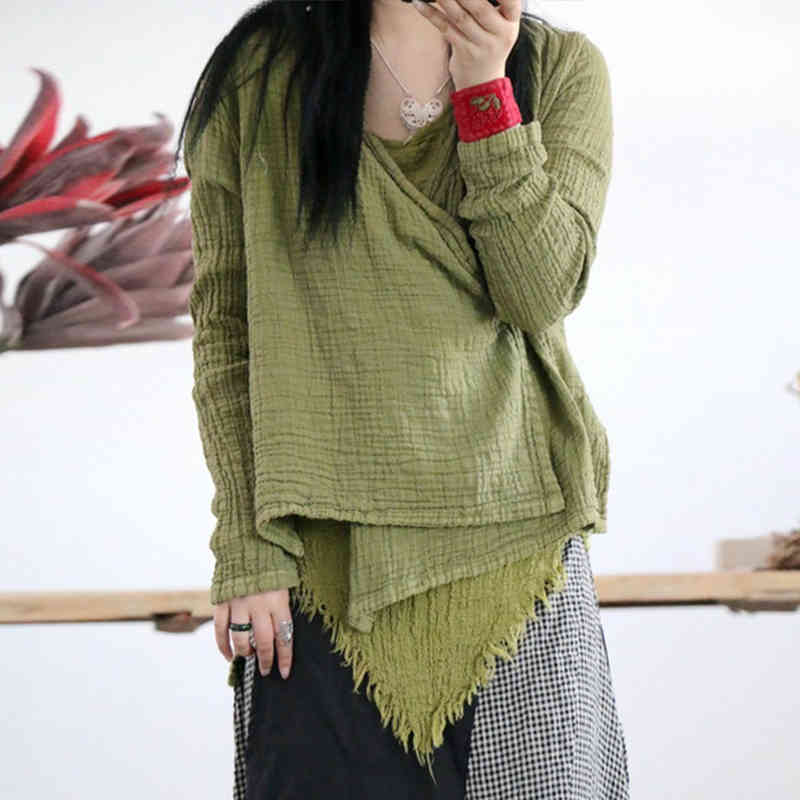 

Johnature Retro V-neck Linen Lace Up Shirts Autumn Loose Leisure Fashion Women Tops 3 colors Cardigan Shirts 210521, Red