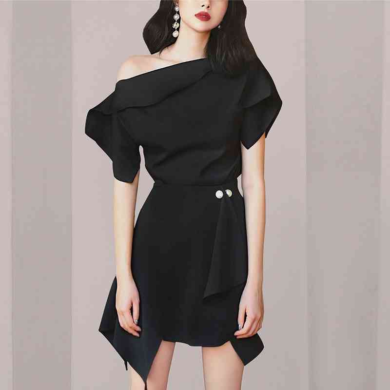 

Fashion Women Elegant Off Shoulder Tops + Pearls Draped Skirt Outfits Summer Office Lady Short Sleeve Black Set 210520, Photo color
