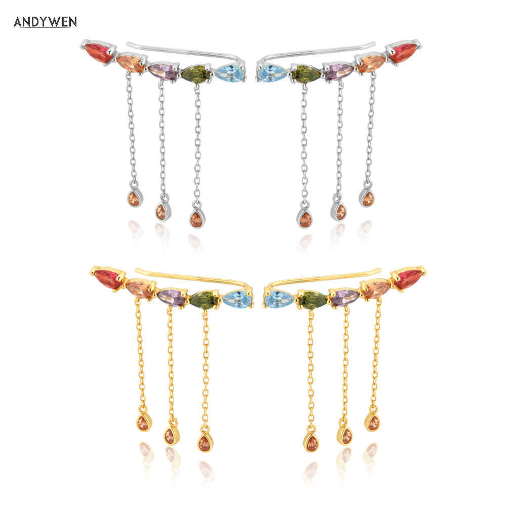 

ANDYWEN 925 Sterling Silver 27mm Five Zircon Colorful Climber Women Long Chain Earring Luxury CZ High Quality Jewelry 210608