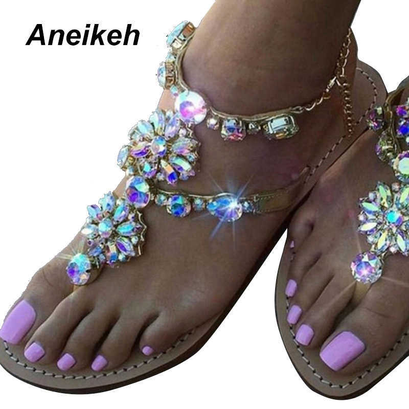 

Aneikeh Bohemian Women Sandals Crystal Flat Heel Sandalias Chain Shoes Thong Flip Flops Golden 210615