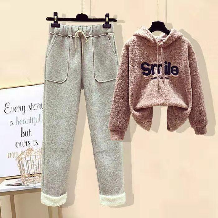 

Women's Two Piece Pants Casual Sports Suit Women Smile Letter Print Winter Warm Hoodies Sweatshirts + Lamb Wool Sets Tracksuit Plus Size YK2, Smile 2pcs 9