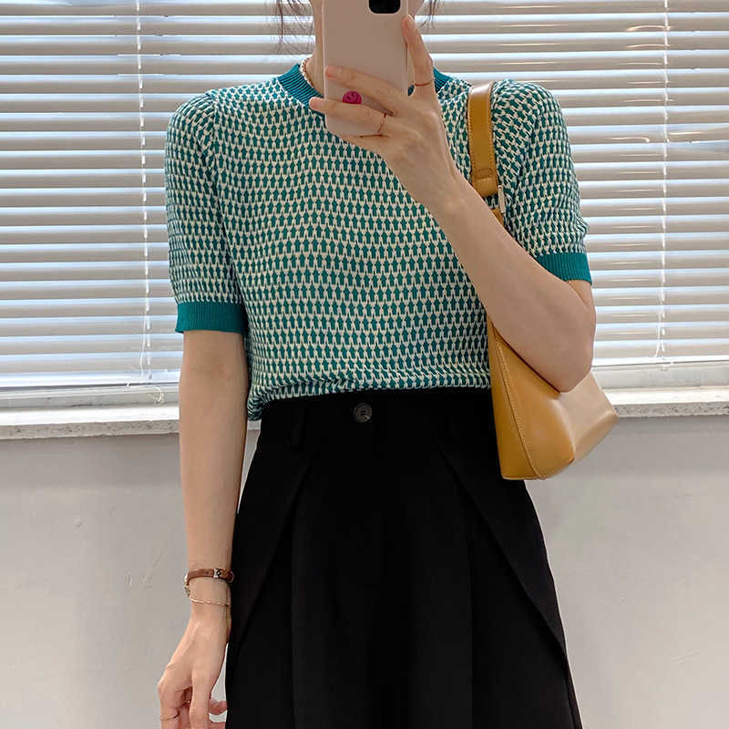 

Contrast Round Neck Short Sleeve Knitted T-shirt Women's Summer Thin Tee Tops Yl331 210607, Light yellow