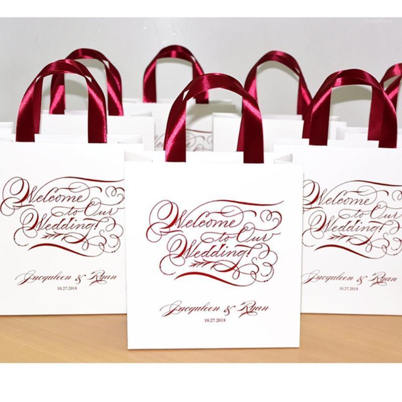 

Gift Wrap Personalized Wedding Calligraphy Welcome Bags With Burgundy Satin Ribbon & Names, Elegant For Favor Guests