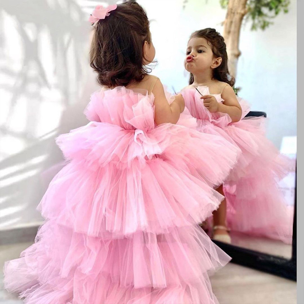 

Rose Pink Tulle Princess Puffy Flower Girl Dresses Tiered Baby Wedding Party High Low Kids Prom Brithday Dress First Communion Gowns Short Front Long Back Jewel Neck, White