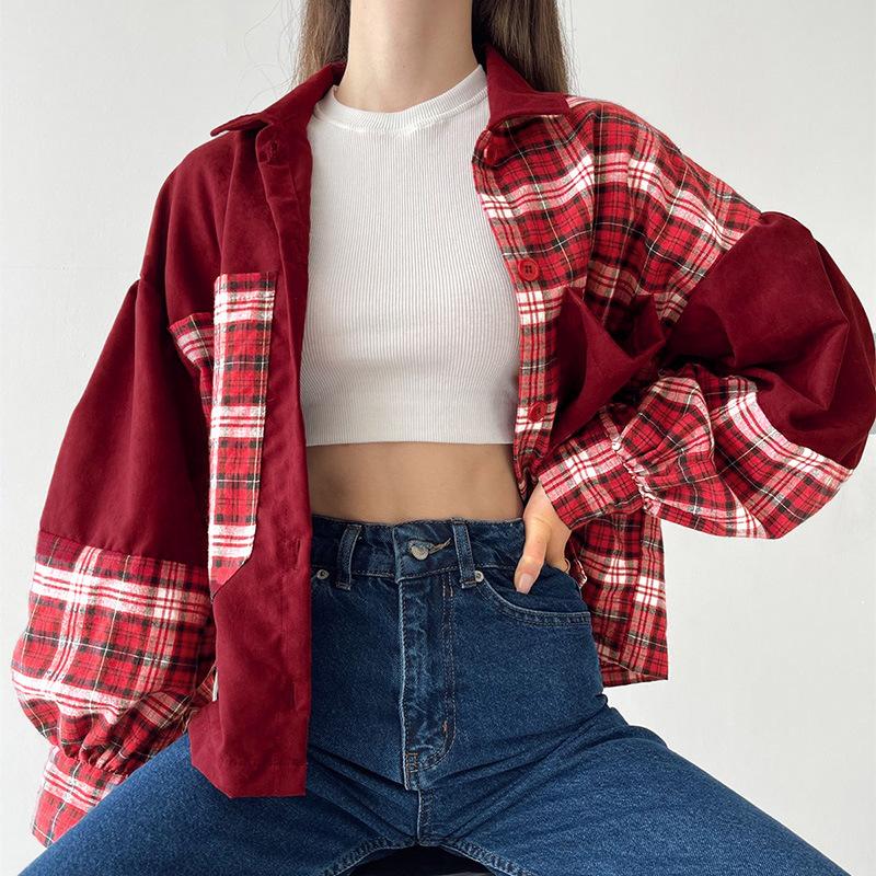 

Women's Jackets Contrasting Color Design Stitching Plaid Loose Long-sleeved Shirt Single-breasted Lapel Cardigan Outerwear Streetwear, Black;brown