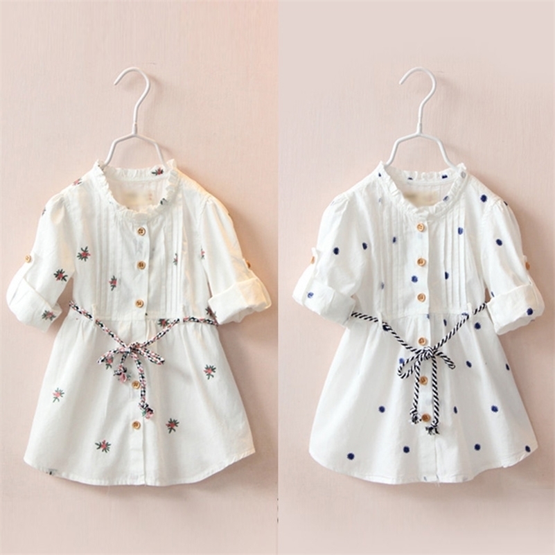 

Spring Autumn Female Children'S Clothing Baby Kids Girls Cotton Embroidery Print Long Short Sleeve White Dresses With Belt 210701