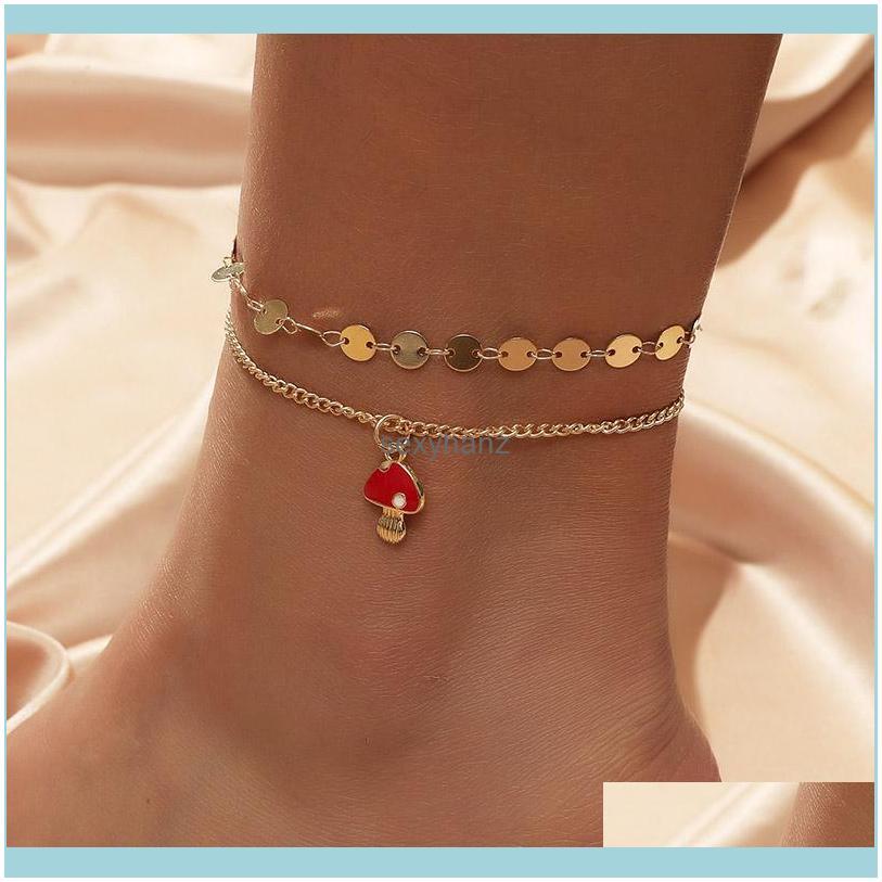 

2Pcs/Set Simple Gold Color Metal Chain For Women Girls Cute Red Enamel Mushroom Pendants Anklets Beach Style Jewelry Drop Delivery 2021 Sugz