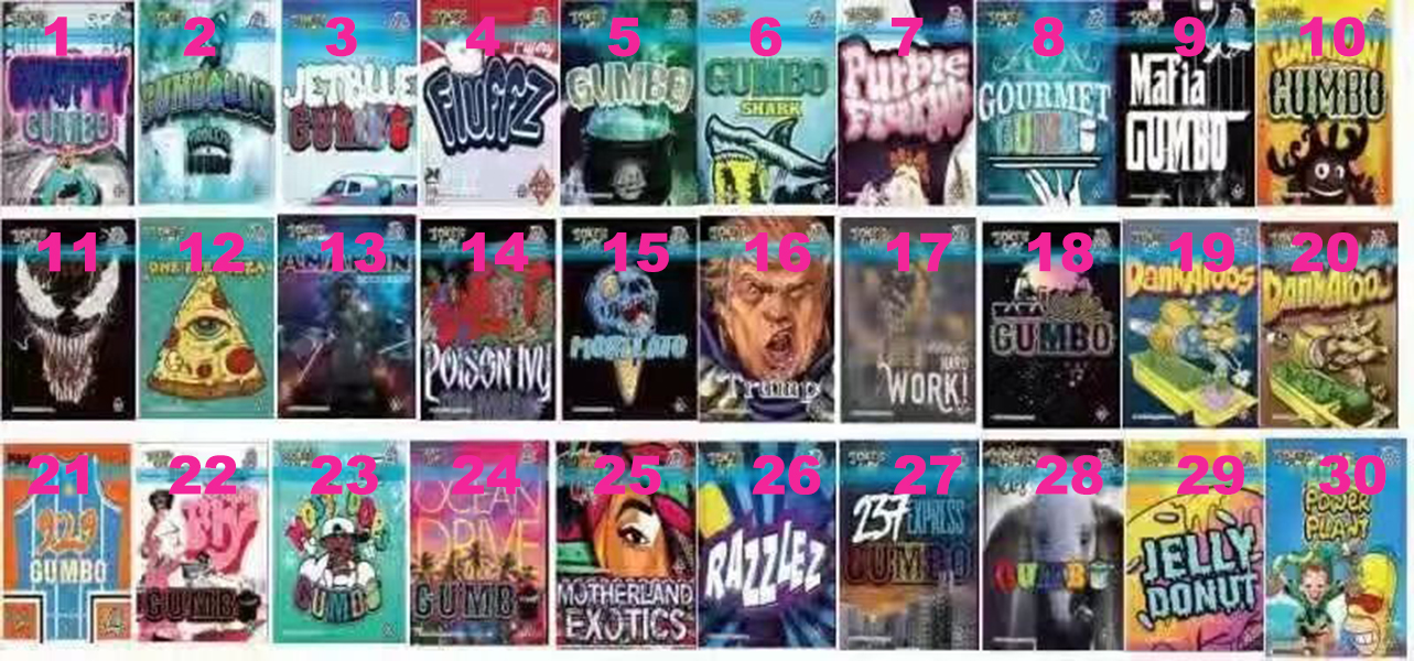 

3.5G Runtzz Mylar Bag JOKE'S UP GUMBO RAZZLEZ Jelly Dount DankAroos Fluffz Shark TRUMP Dry Flower Packaging bags