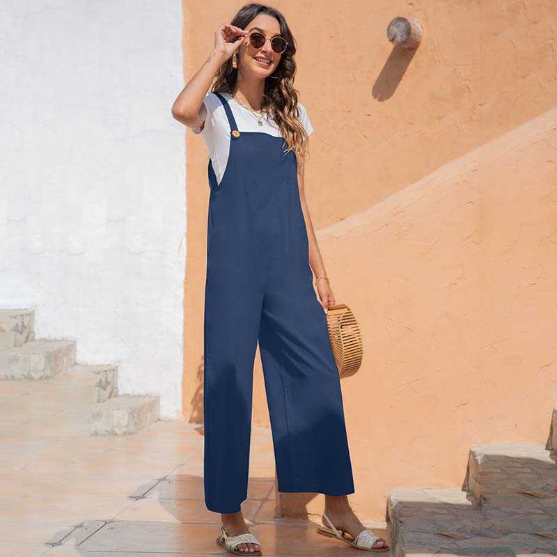 

Solid Color Sleeveless Button Loose Waist Wide Leg Rompers Women Streetwear Casual Plus Size Square Collar Simplicity Jumpsuits 210608, Army green