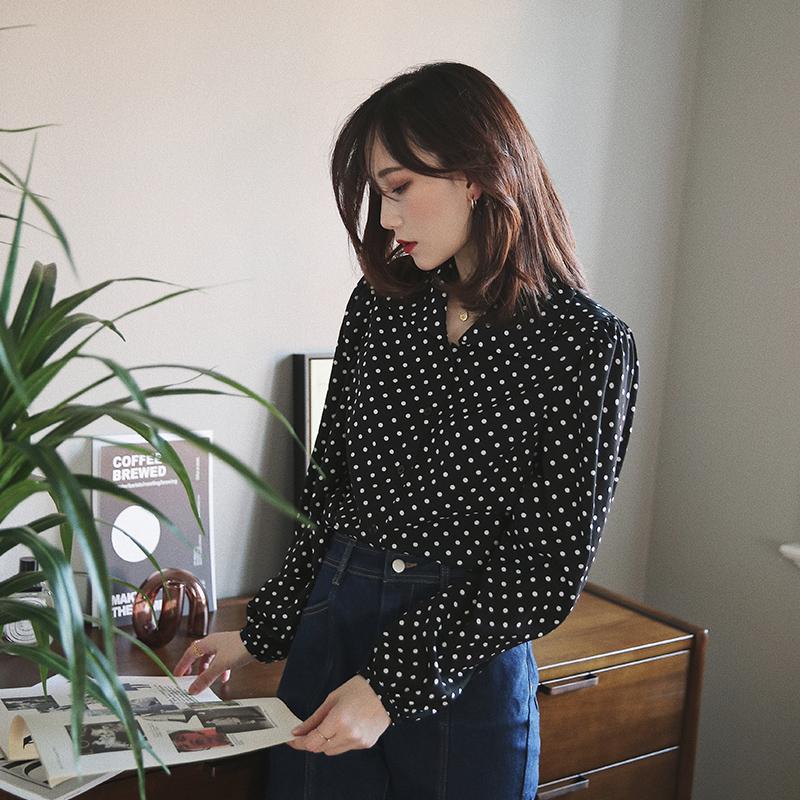

Women's Blouses & Shirts Counter Light Chen Xiaoying Retro Black Dot Blouse Thin And Foreign Long Sleeve Polka Shirt