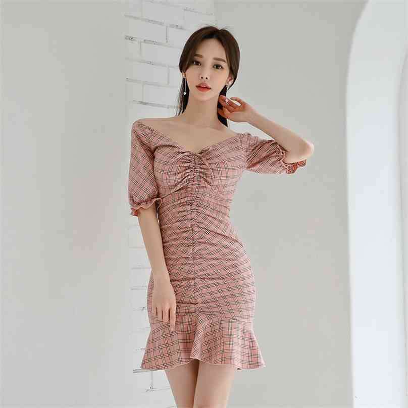 

summer draw string v-neck cultivate one' morality dress lace-up grid 210602, Pink